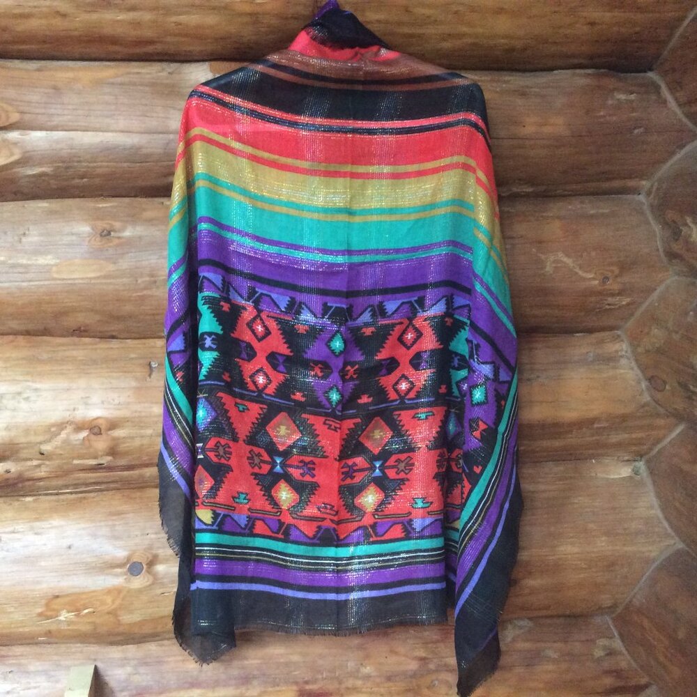 Glentex Bold Aztec Print Striped Metallic Shimmer Japan Shawl Scarf EUC 46"x 46"